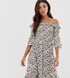 Missguided Bardot Midi Dress With Frill Detail In Floral Print - Multi