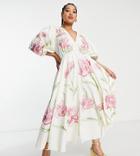 Asos Edition Curve Button Front Bright Floral Embroidered Midi Dress In Cream-white