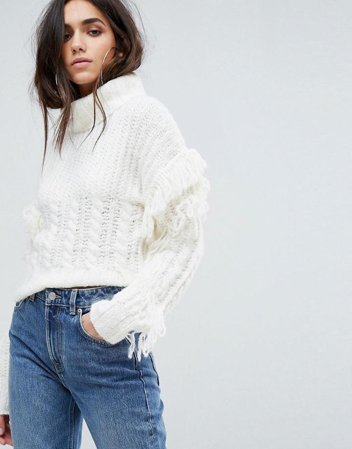 Prettylittlething Roll Neck Fringe Detail Sweater - Cream