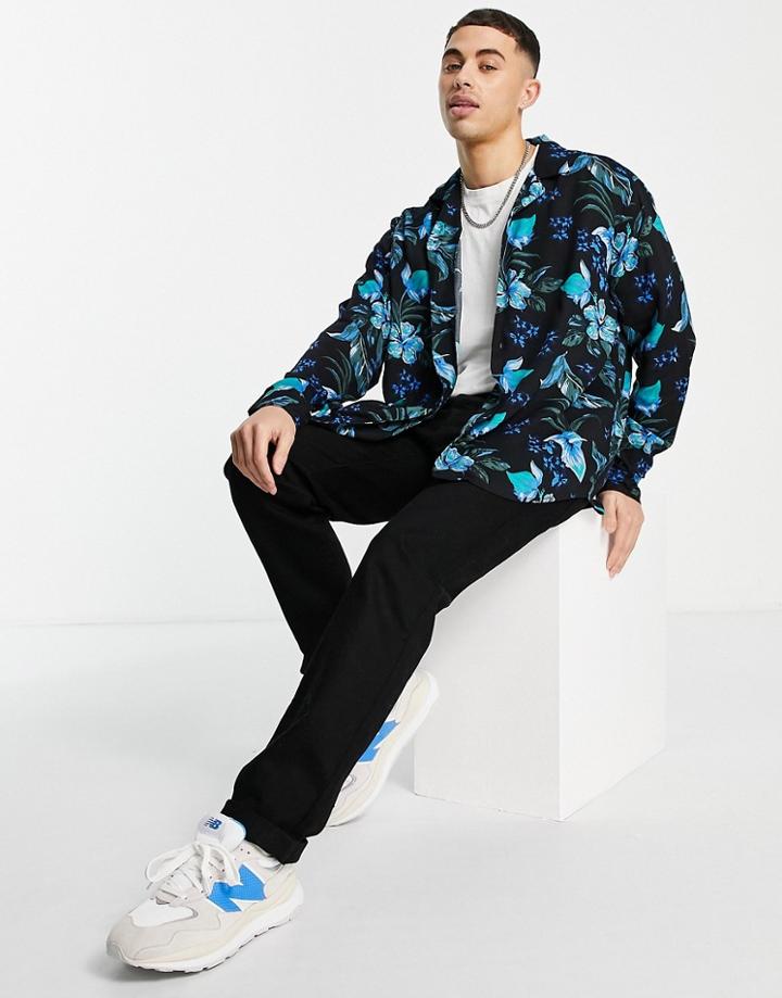 Only & Sons Oversized Shirt With Dark Floral Print & Revere Collar In Blue-blues