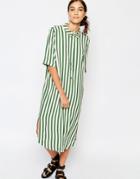 Selected Aliva Short Sleeve Striped Shirt Dress - Green Stripe