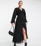 Asos Design Tall Button Through Batwing Sleeve Midi Dress In Textured Chevron In Black