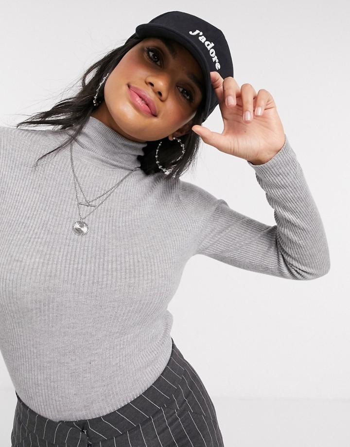 Brave Soul Trudy Roll Neck Ribbed Sweater In Gray-grey