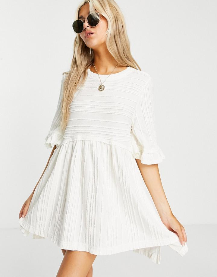Free People Take A Spin Tunic Top With Frill Sleeves In Textured Stripe-white