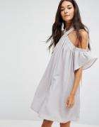 Lost Ink Bardot Dress With Cross Front - Gray