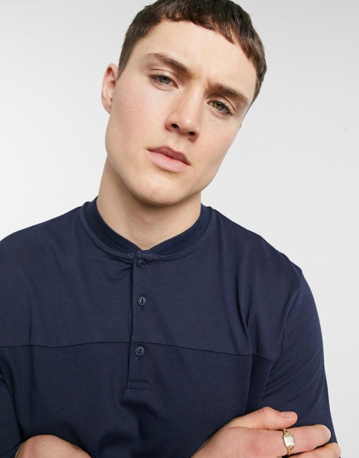 Asos Design Cut And Sew Pique Baseball Long Sleeve T-shirt In Navy