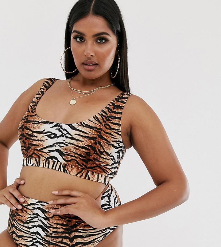 Asos Design Curve Mix And Match Crop Bikini Top In Natural Tiger Print - Multi