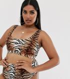 Asos Design Curve Mix And Match Crop Bikini Top In Natural Tiger Print - Multi