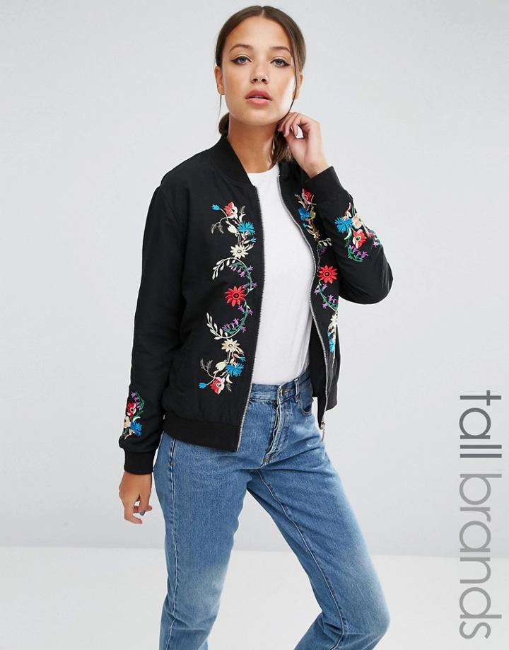 Daisy Street Tall Embroidered Bomber Jacket - Black