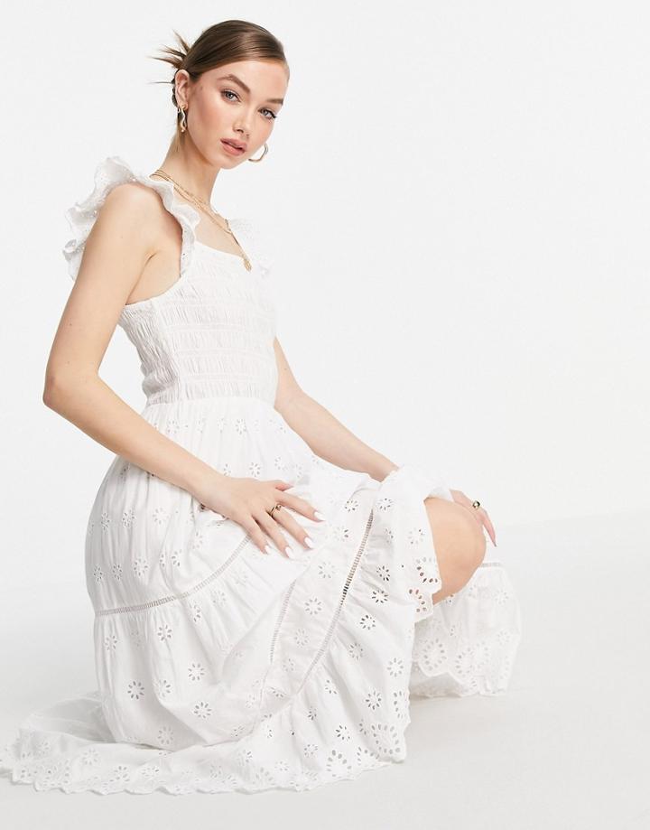 & Other Stories Cotton Shirred Eyelet Midi Dress In White