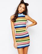Jaded London Off High Neck Body-conscious Dress In Multi Stripe Print - Multi