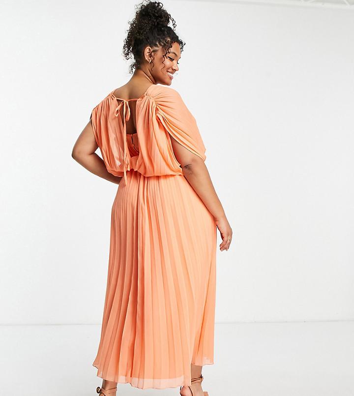 Asos Design Curve Pleated Wrap Front Midi Dress In Coral-orange