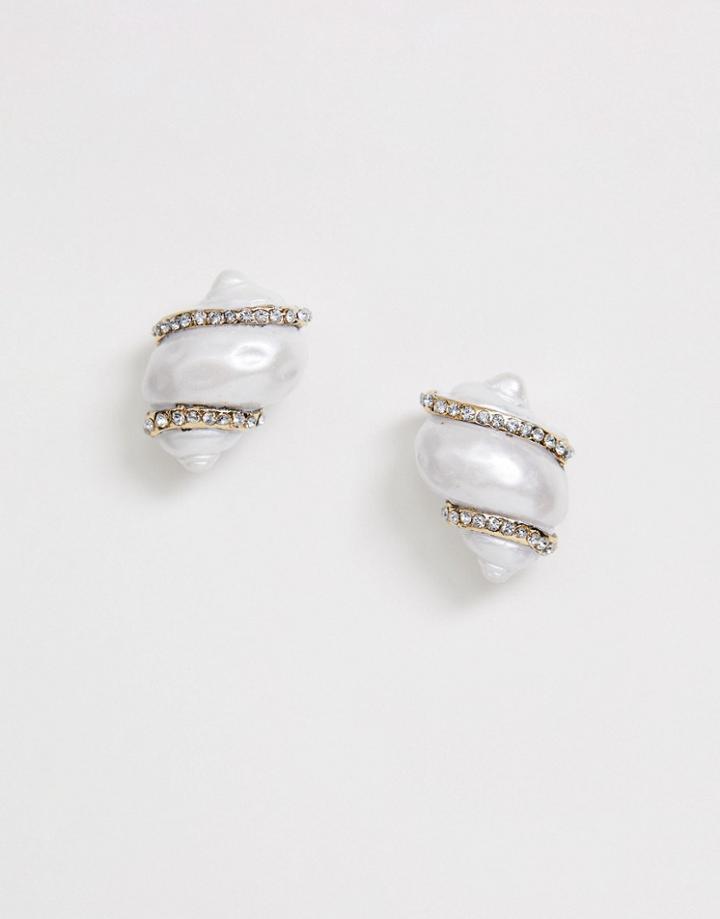 Asos Design Earrings With Faux Freshwater Pink Pearl With Wrapped Stones - Pink