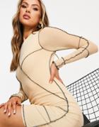 Asos Design Long Sleeve Exposed Seam Mesh Asymmetric Dress In Beige-neutral