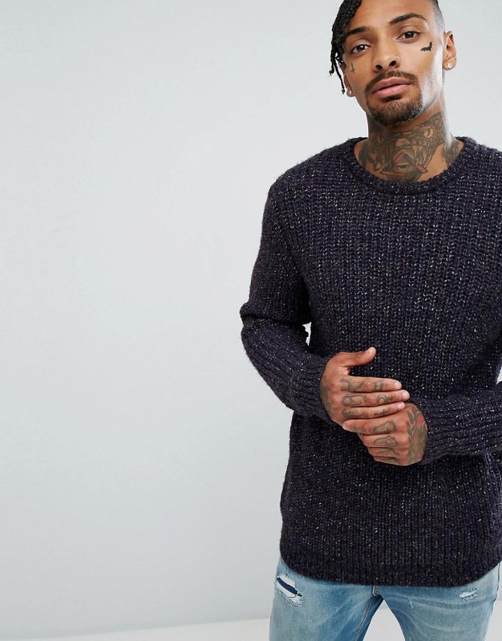 Asos Fisherman Rib Sweater In Navy - Navy