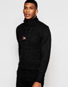 Blend Roll Neck Sweater Drawstring Heavy Cable Knit - Black