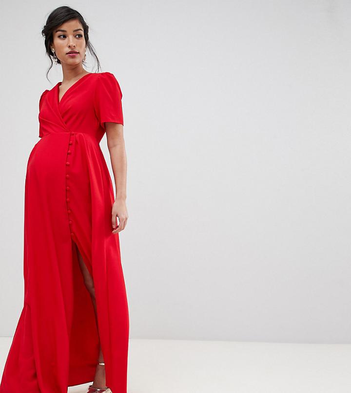 Asos Design Maternity Button Through Maxi Tea Dress-red