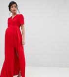 Asos Design Maternity Button Through Maxi Tea Dress-red