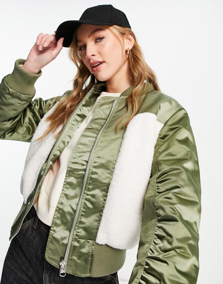 Topshop Sherpa Paneled Bomber Jacket In Khaki-green