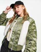 Topshop Sherpa Paneled Bomber Jacket In Khaki-green