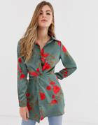 Parisian Knot Front Shirt Dress In Floral Print-green