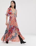 Kiss The Sky Maxi Dress With Thigh Splits In Mixed Print-multi