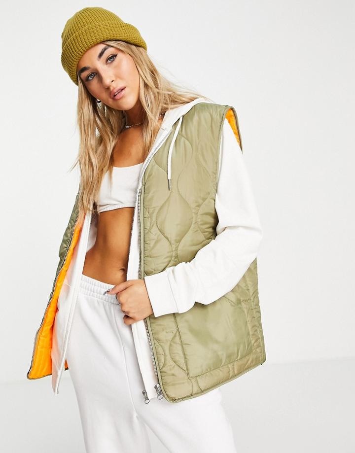Topshop Quilted Bomber Vest With Contrast Lining In Khaki-green