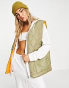 Topshop Quilted Bomber Vest With Contrast Lining In Khaki-green