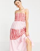 Asos Design Bandeau Tiered Midi Sundress In Mixed Gingham-multi