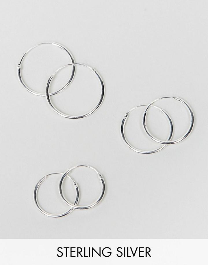 Asos Design Pack Of 3 Sterling Silver Hoop Earrings