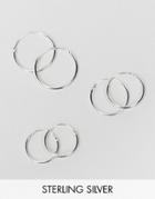 Asos Design Pack Of 3 Sterling Silver Hoop Earrings