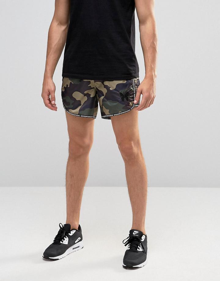 Good For Nothing Retro Shorts With All Over Camo Print - Green