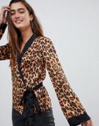 Asos Design Tie Front Top In Leopard Jacquard - Multi