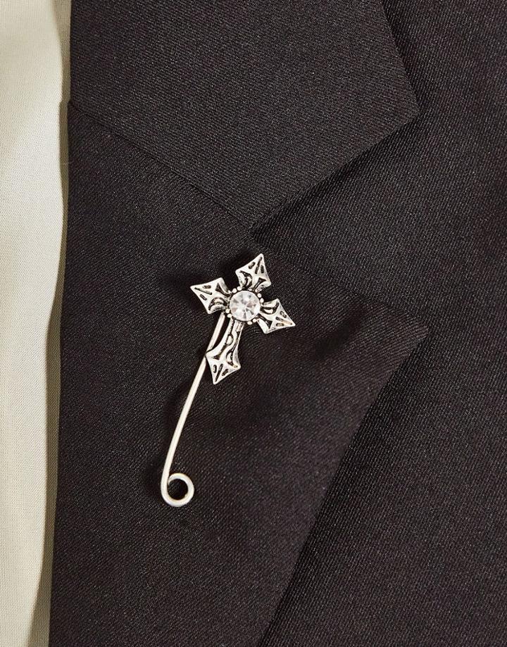 Asos Design Wedding Lapel Pin With Vintage Cross In Burnished Silver