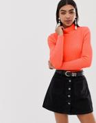 Asos Design Neon Skinny Rib Sweater With Roll Neck-orange