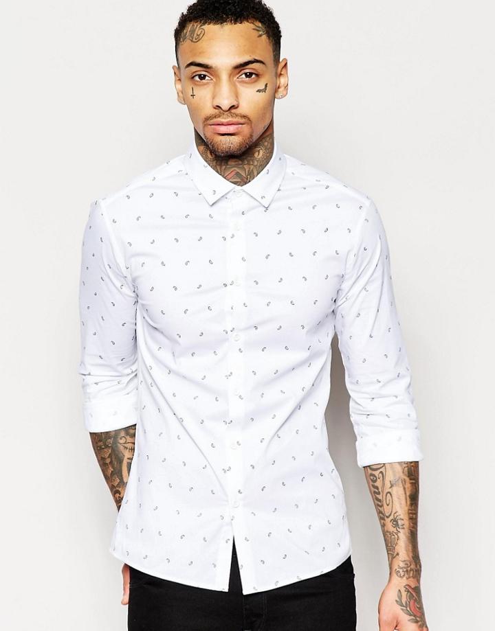 Asos Skinny Shirt In White With Paisley Print - White