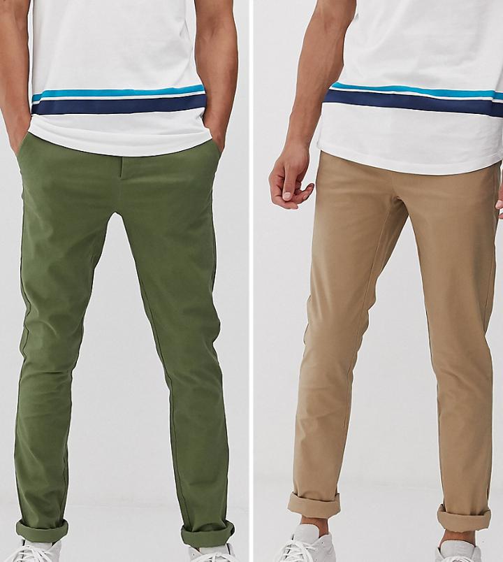 Asos Design Tall 2 Pack Skinny Chinos In Green & Stone Save - Multi