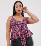 Club L Plus Tie Front Peplum Cami Top In Animal Print - Pink