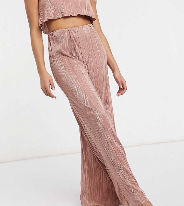 Asos Design Petite Wide Leg Beach Pants In Pink Plisse - Part Of A Set