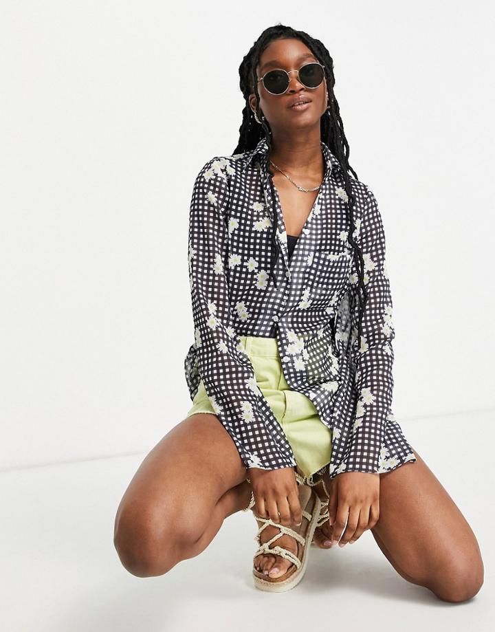Asos Design Slim Fitted Sheer Shirt In Gingham Daisy-multi
