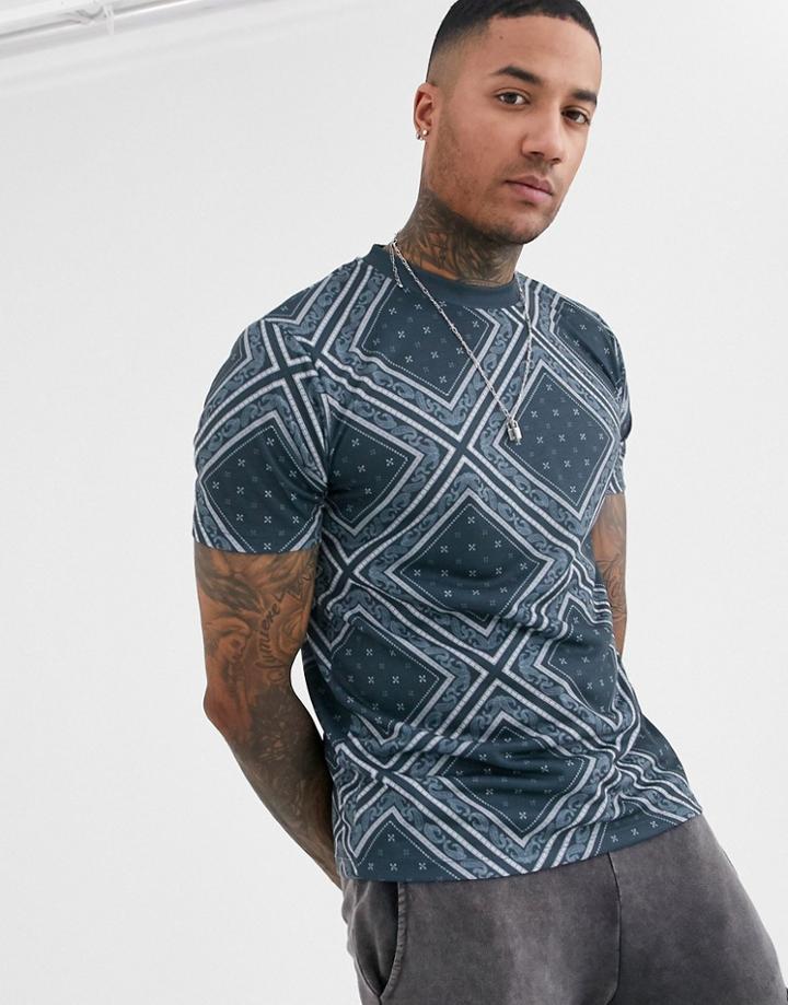 Asos Design T-shirt With All Over Bandana Print-navy