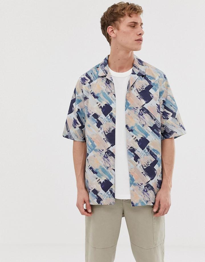 Asos White Shirt In Watercolor Print With Half Sleeve-blue