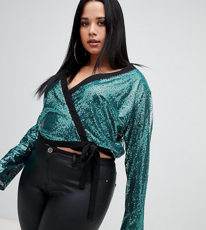 Boohoo Plus Sequin Wrap Tie Top In Teal - Green