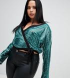 Boohoo Plus Sequin Wrap Tie Top In Teal - Green