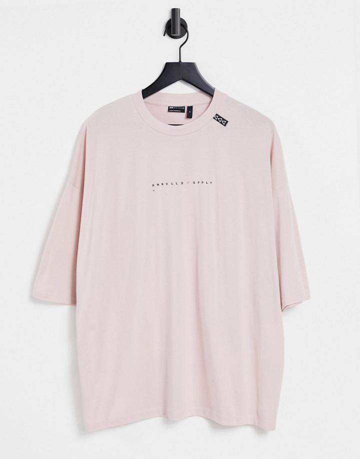 Asos Unrvlld Spply Oversized T-shirt With Logo Print In Rose Smoke-pink