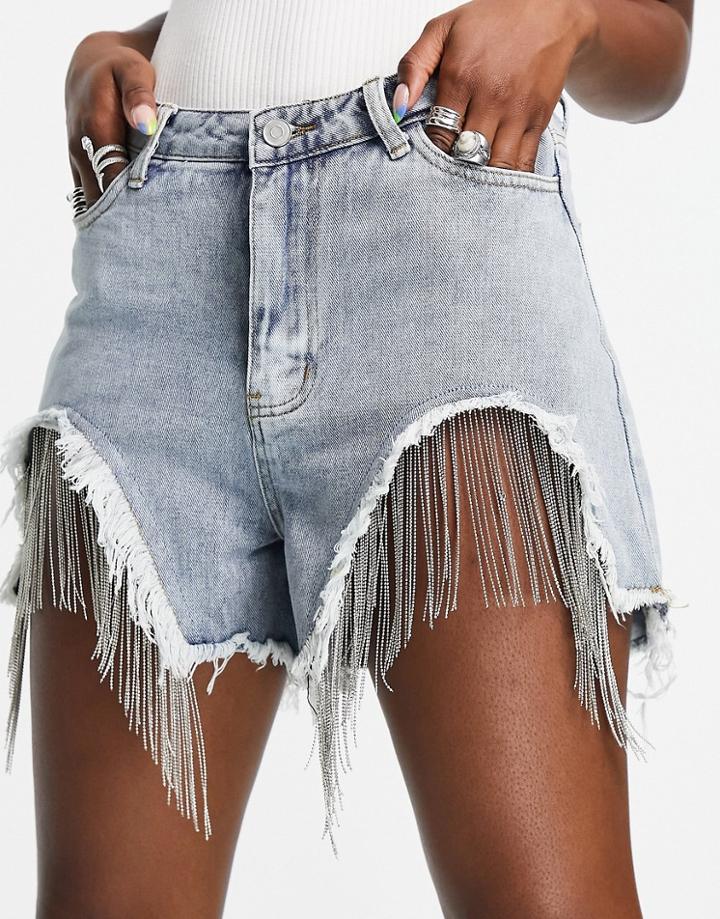 Missguided Chain Detail Denim Shorts In Blue-blues