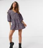 Asos Design Petite Textured Mini V-neck Volume Sleeve Dress In Pink Floral