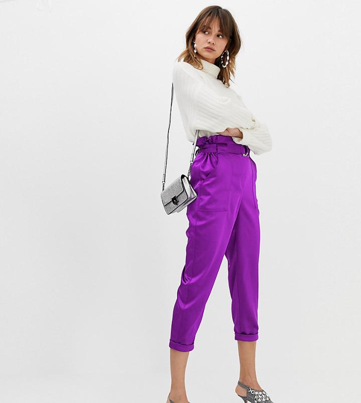 River Island Tapered Pants With Paperbag Waist In Purple - Purple
