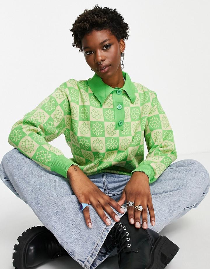 Daisy Street Button Front Knitted Sweater In Floral Check-green