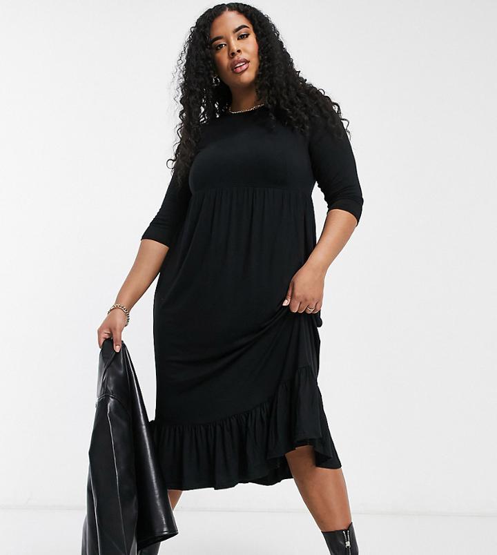 Yours Long Sleeve Tiered T-shirt Dress In Black